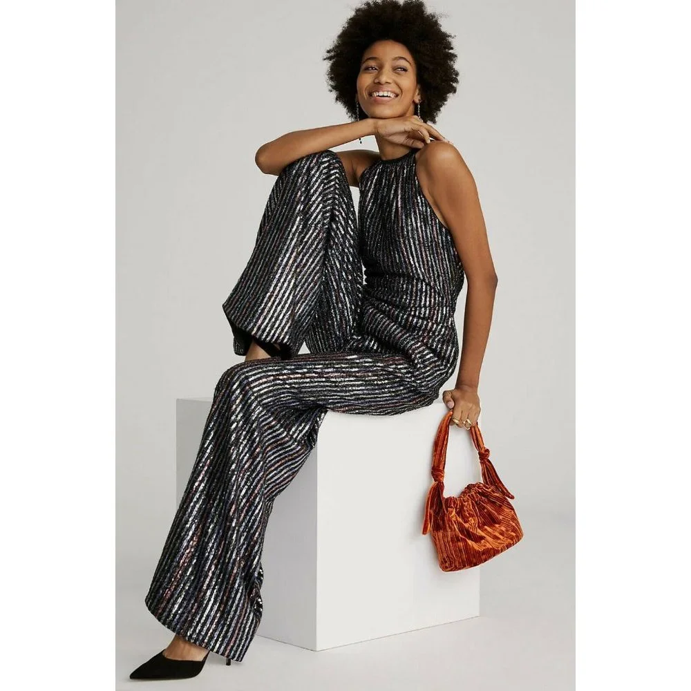 NWT Anthropologie Disco Halter Jumpsuit 2 $180 HTF Black Sequined Sleeveless